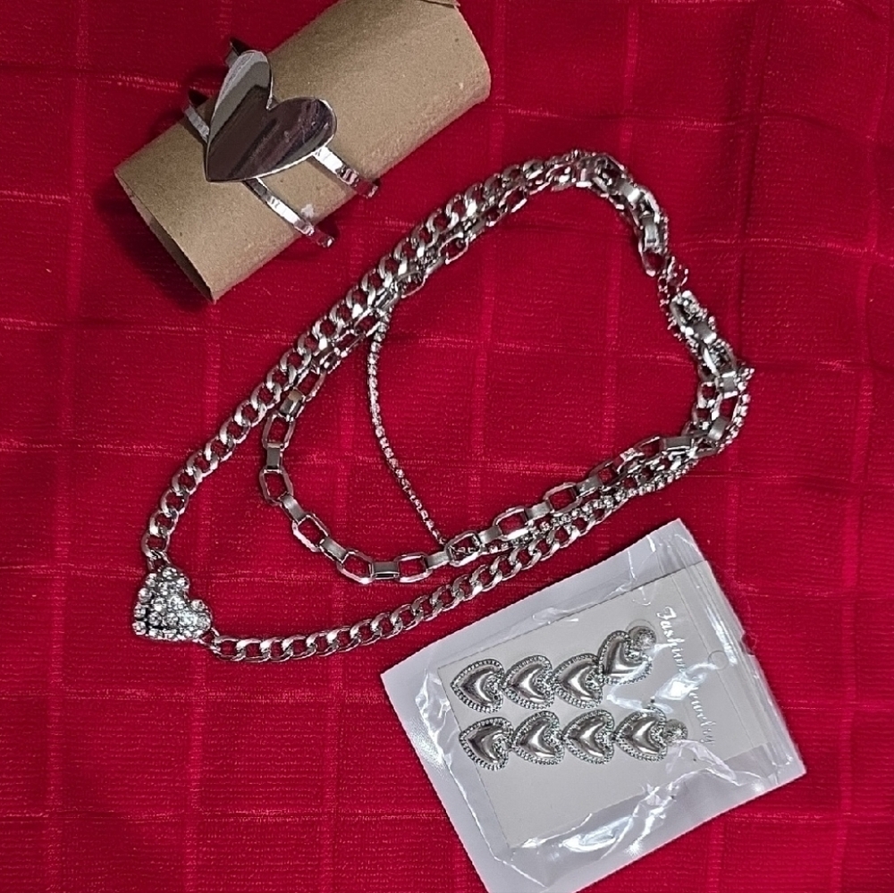 Silver Heart Chain Necklace and Ring Set - Women Accessories